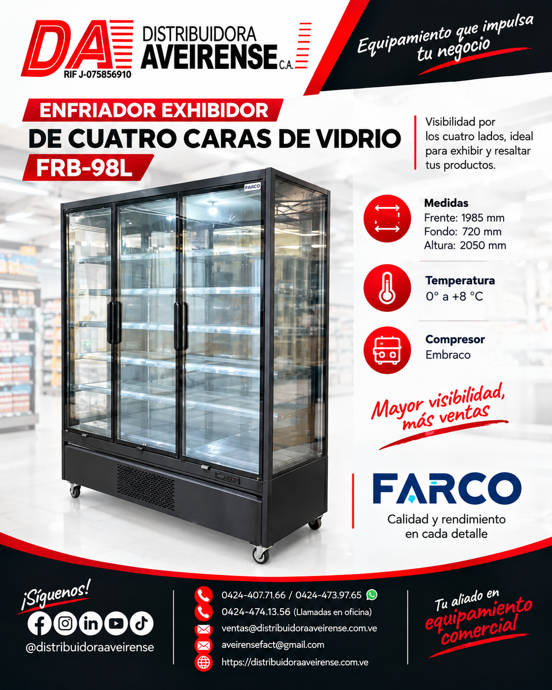 Enfriador exhibidor de cuatro caras de vidrio